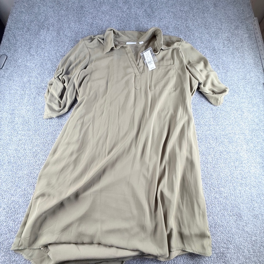 New York & Company Olive Green V-Neck Roll Tab Sleeve Shirt Dress XL 3092